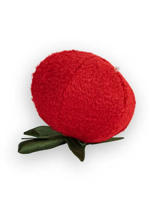 Unterseite der Cherry-Tomate aus Stoff: runde, sechsteilig genähte Form aus rotem Plüsch